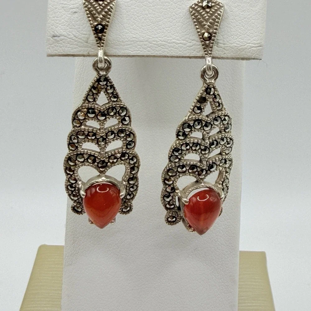 Vintage Sterling Silver 925 & Red Agate Marcasite Dangle Earrings Estate Formal